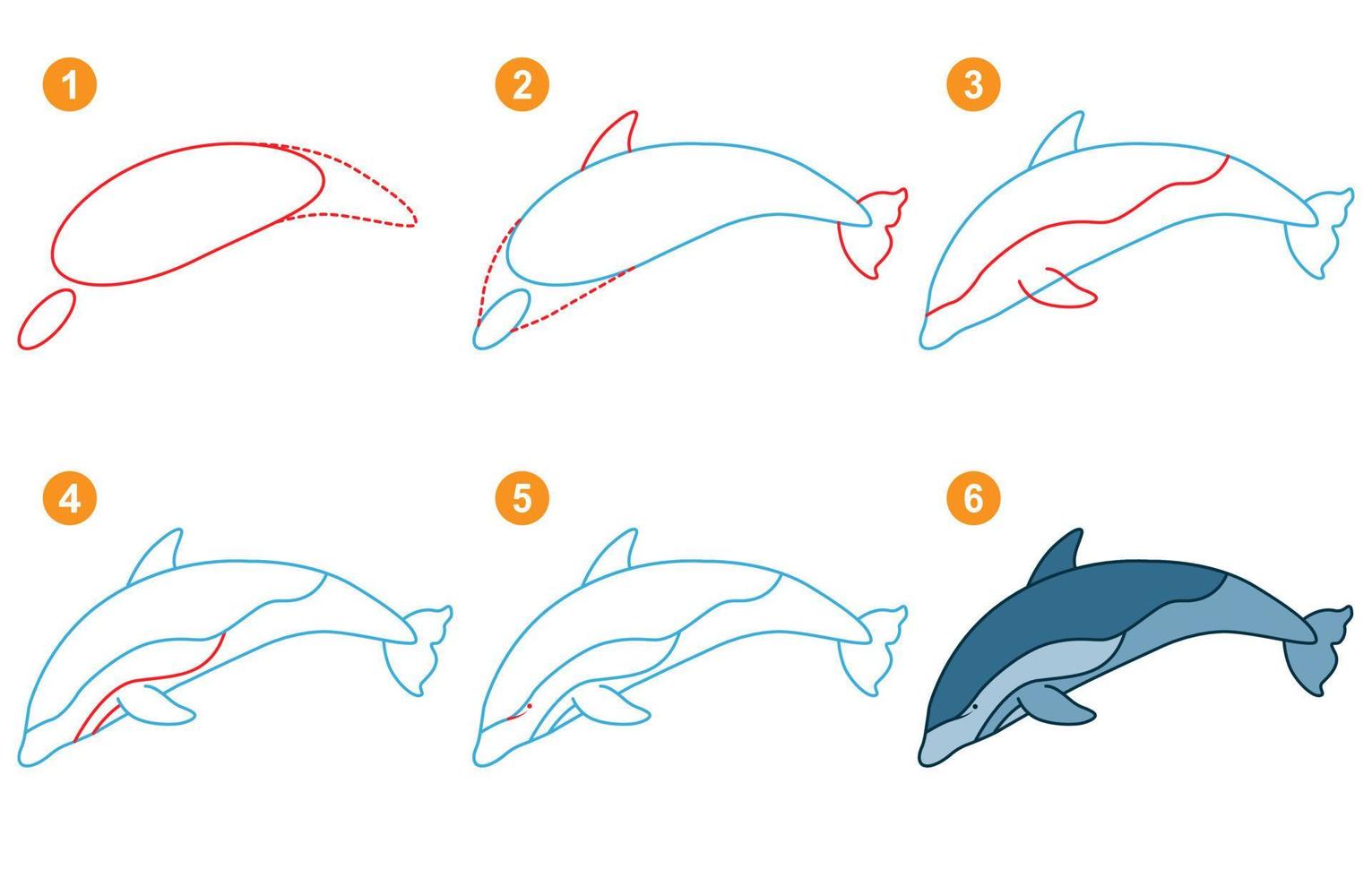 istruzioni per disegnare delfino. segui passo dopo passo per disegnare delfino. foglio di lavoro per bambini che imparano a disegnare mammiferi marini. gioco per la pagina vettoriale del bambino. schema per disegnare delfino.