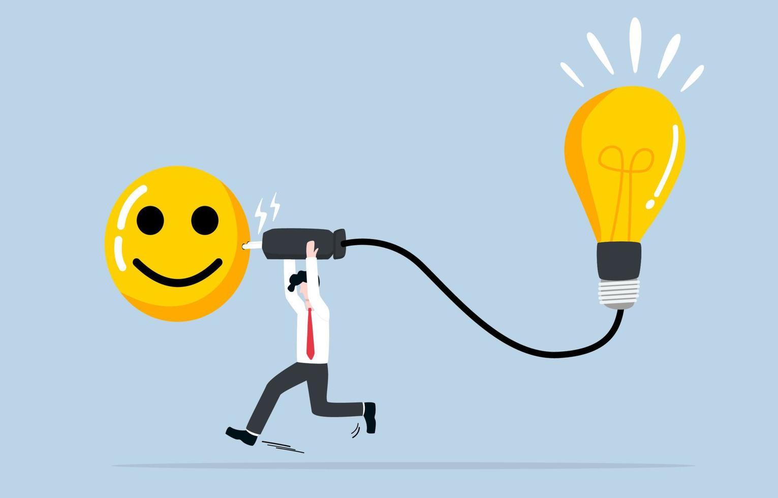 energia positiva produce pensiero creativo o idea innovativa, l'intelligenza emotiva porta la migliore soluzione per risolvere il concetto di problema di lavoro. uomo d'affari che corre per caricare l'idea della lampadina con la faccia felice. vettore