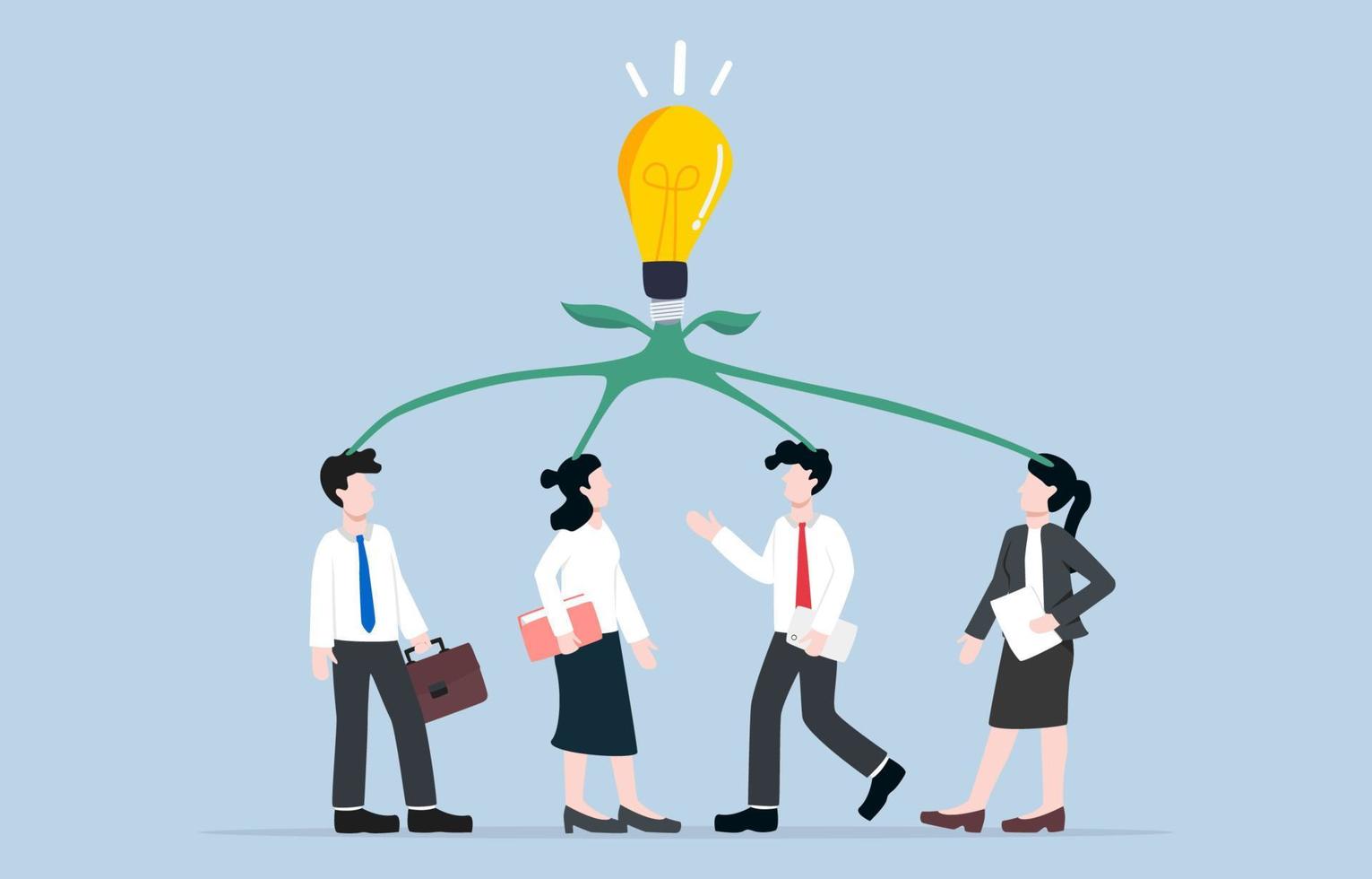 brainstorming per trovare la migliore idea per affari, lavoro di squadra, collaborazione, colleghi che si incontrano per far crescere la creatività e trarre conclusioni. brillante idea della lampadina che cresce dai capi dei dipendenti. vettore
