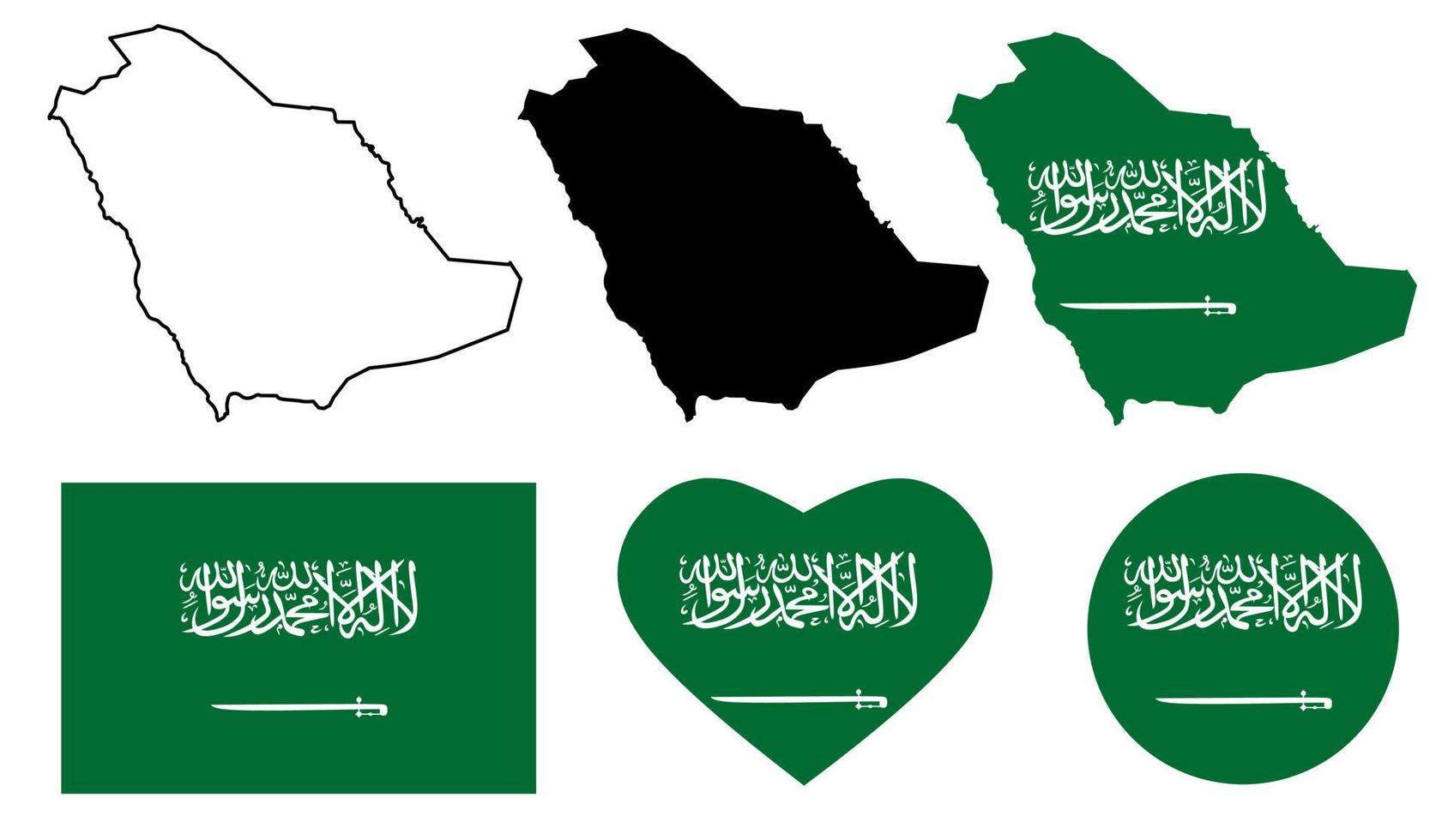 insieme dell'icona della bandiera della mappa dell'arabia saudita vettore
