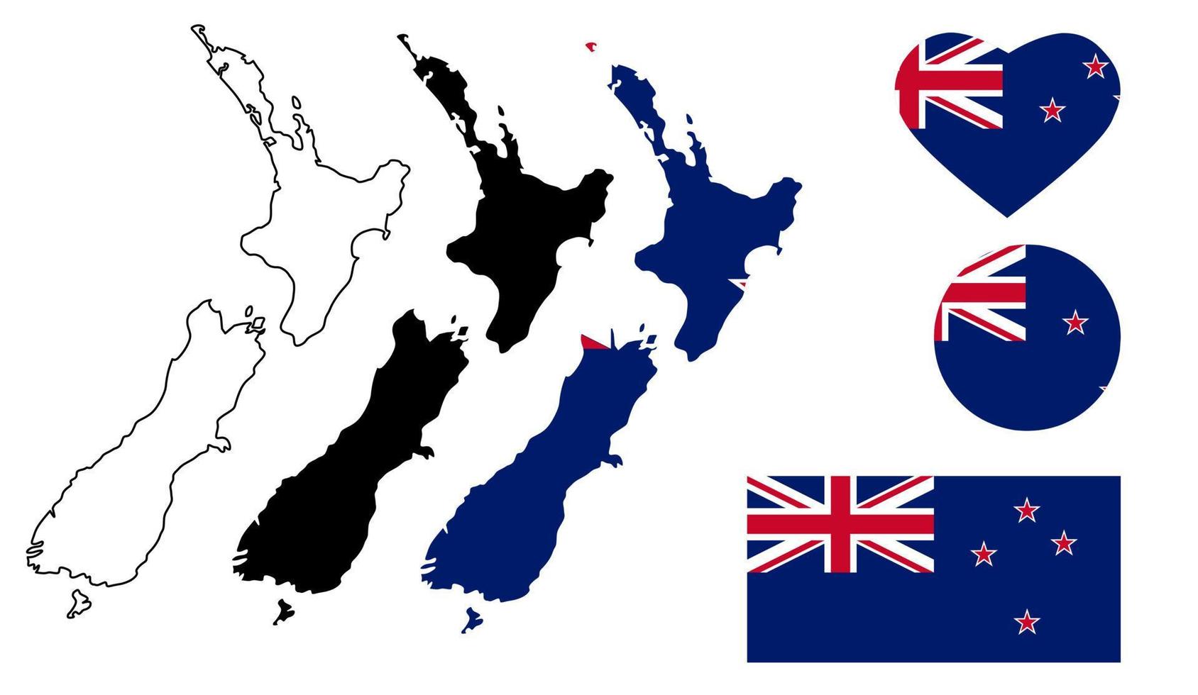 set di icone della bandiera della mappa della nuova zelanda isolato su sfondo bianco vettore