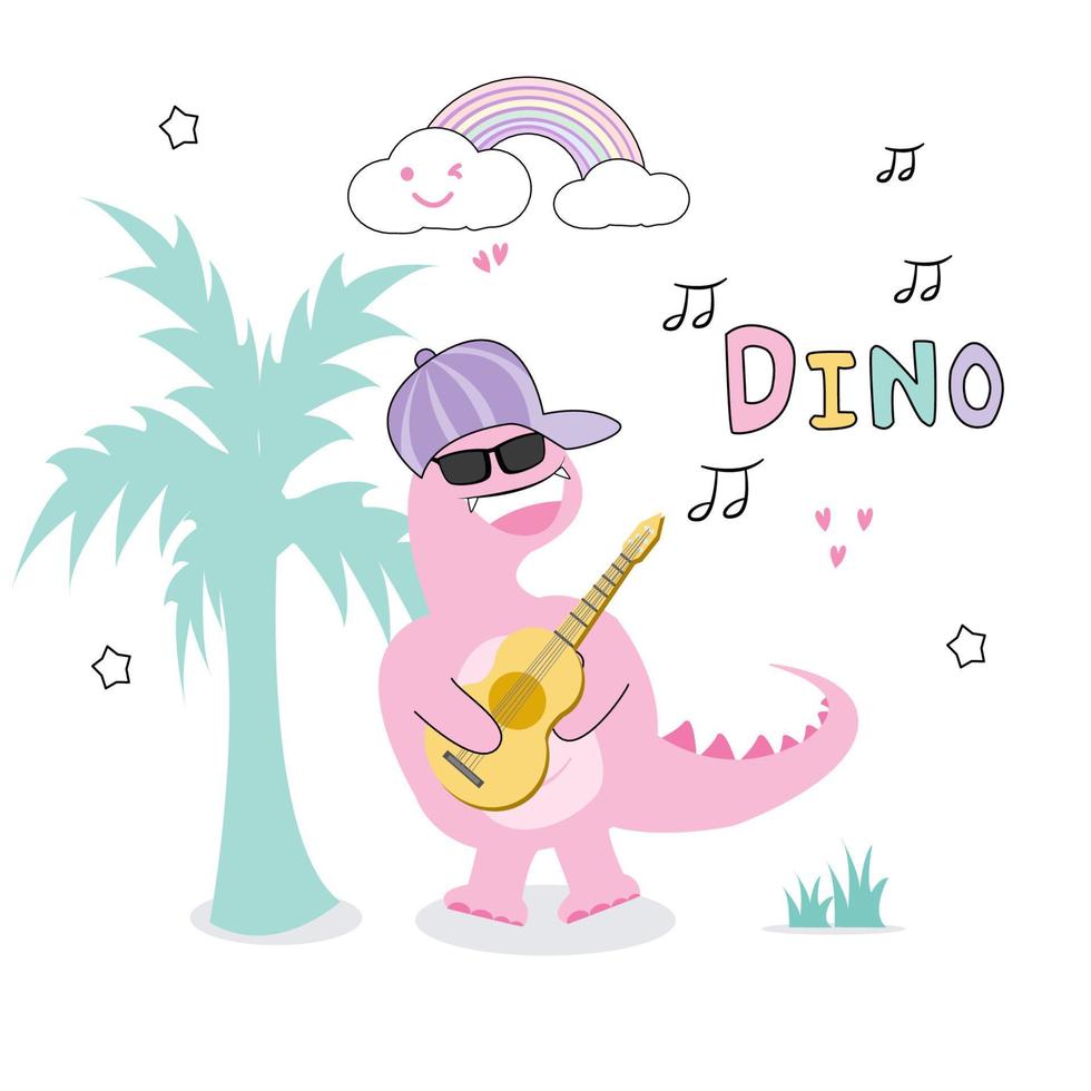 dinosauro rosa rock con illustrazione vettoriale chitarra su sfondo bianco decorare arcobaleno, stelle e note musicali.