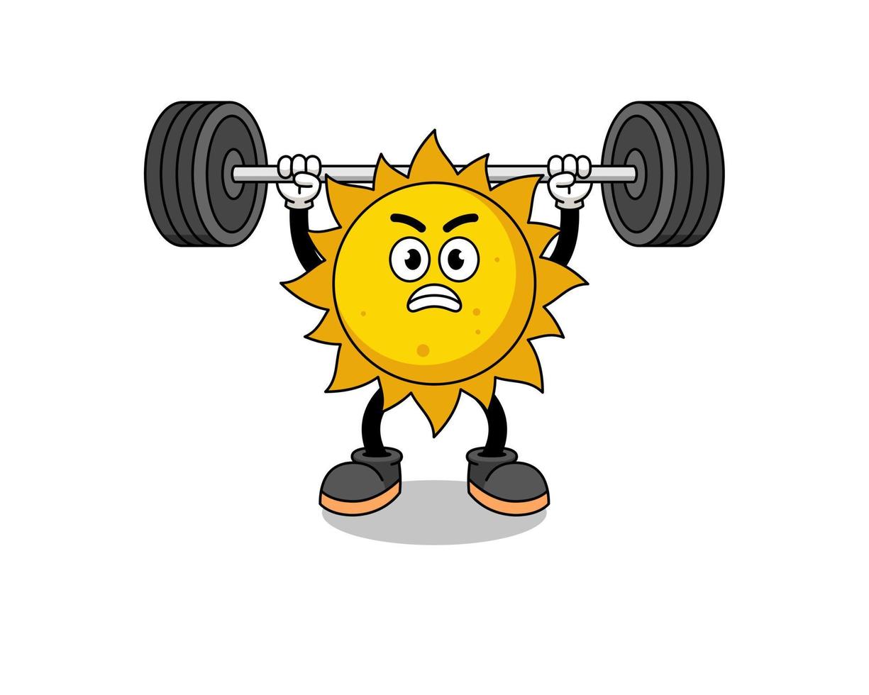 cartone animato della mascotte del sole che solleva un bilanciere vettore