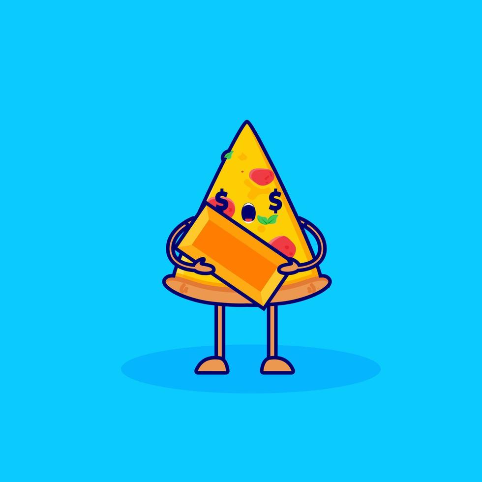 vettore del personaggio dei cartoni animati della pizza che trasporta l'oro