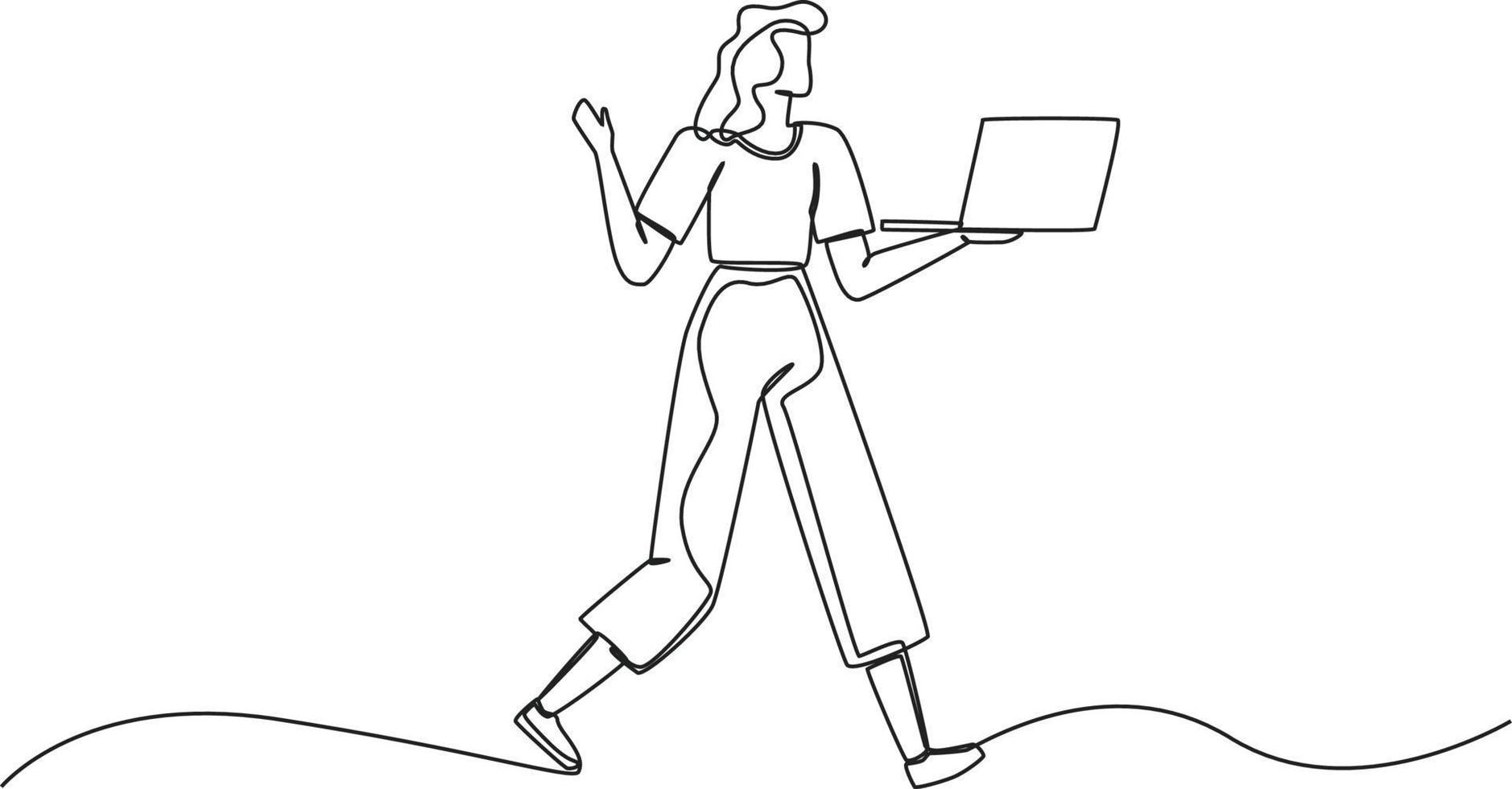 una linea continua disegna una donna in carriera in piedi e tieni premuto con il laptop. illustrazione grafica vettoriale di disegno a linea singola.