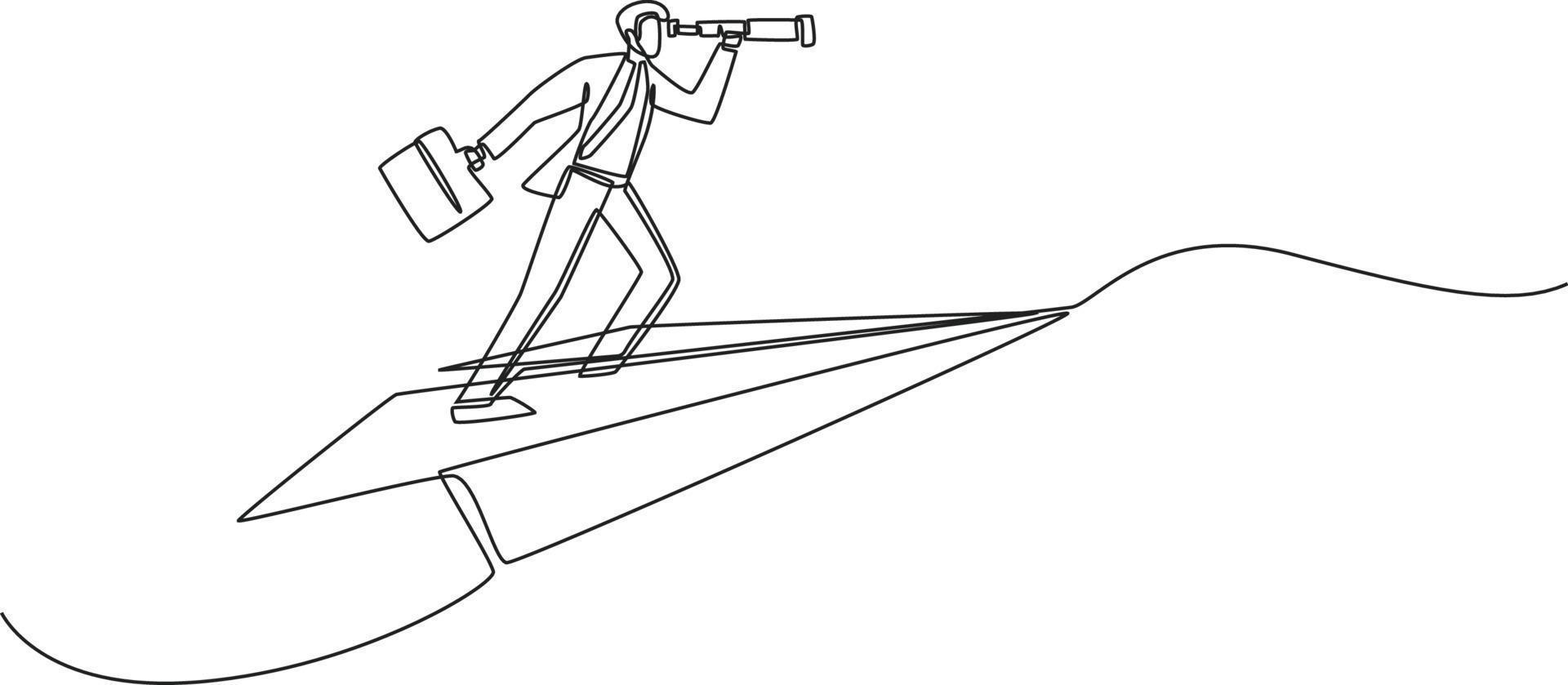 una linea continua disegna un giovane uomo d'affari intelligente che vola e analizza la situazione aziendale. illustrazione grafica vettoriale di disegno a linea singola.