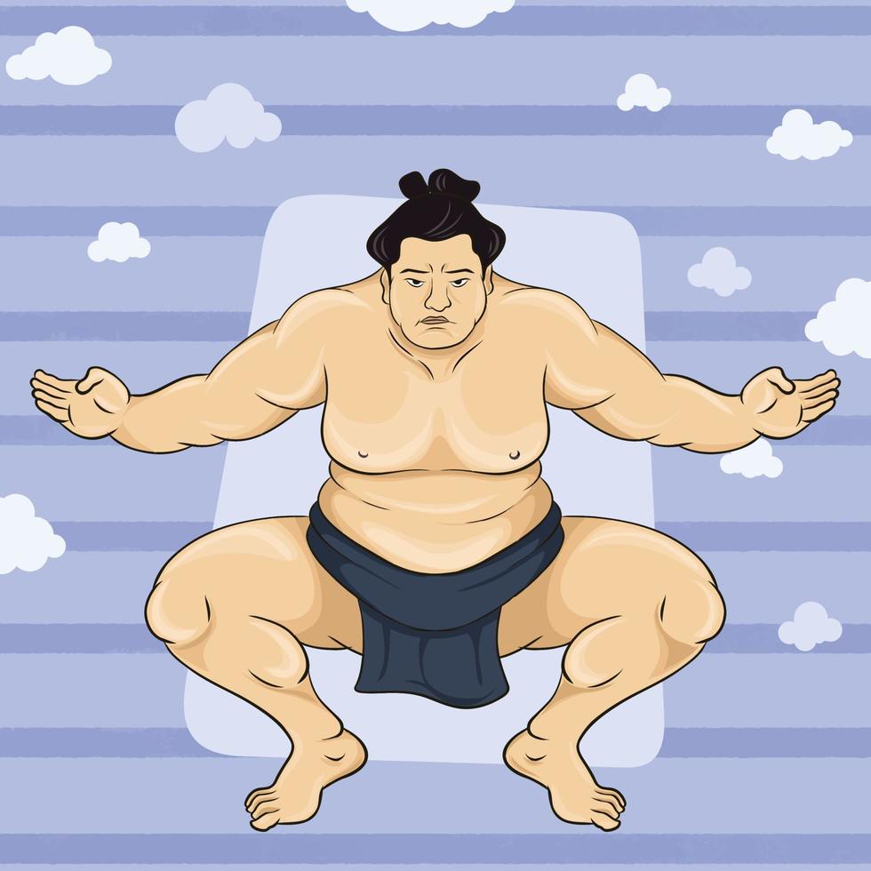 lottatore di sumo in piedi in posizione accovacciata. angolo frontale con sfondo. sport giapponese. vettore