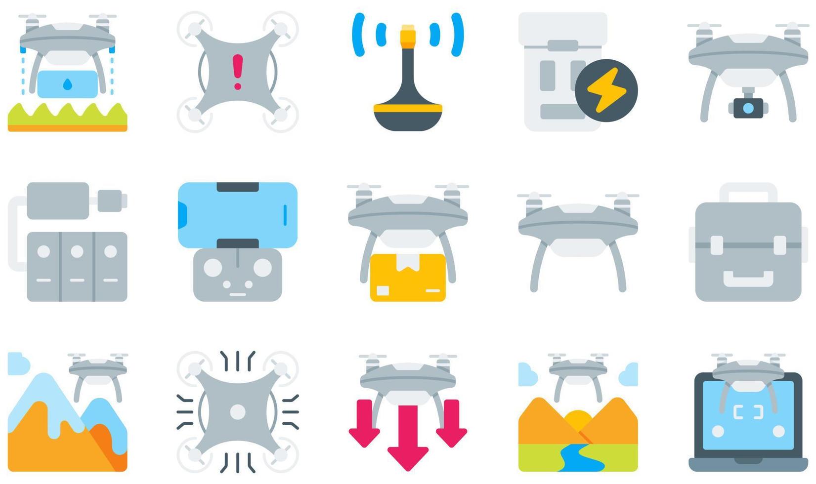 set di icone vettoriali relative ai droni. contiene icone come agricoltura, antenna, batteria, drone fotocamera, drone, alta tecnologia e altro ancora.