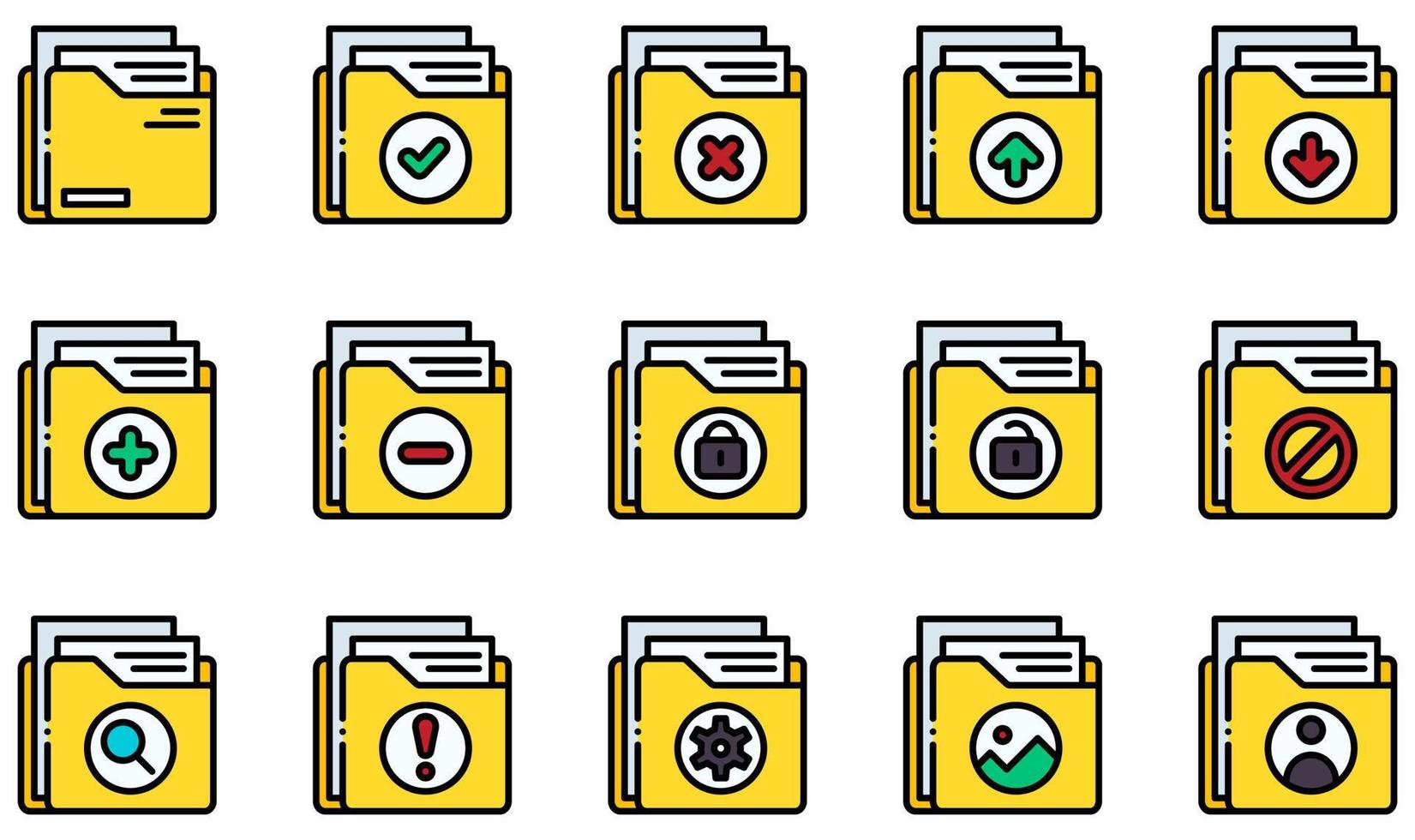 set di icone vettoriali relative alle cartelle. contiene icone come cartella, file, documento, archiviazione, dati, archivio e altro.
