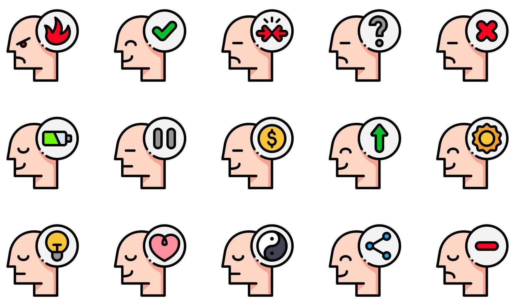 set di icone vettoriali relative alla mente umana. contiene icone come arrabbiato, approvato, conflitto, confuso, disabilitato, felicità e altro ancora.