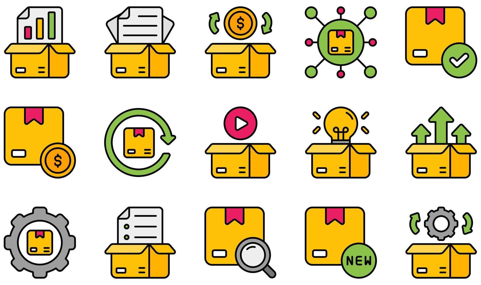 set di icone vettoriali relative alla gestione del prodotto. contiene icone come backlog, flusso di cassa, canale, costo, dimostrazione, sviluppo e altro ancora.