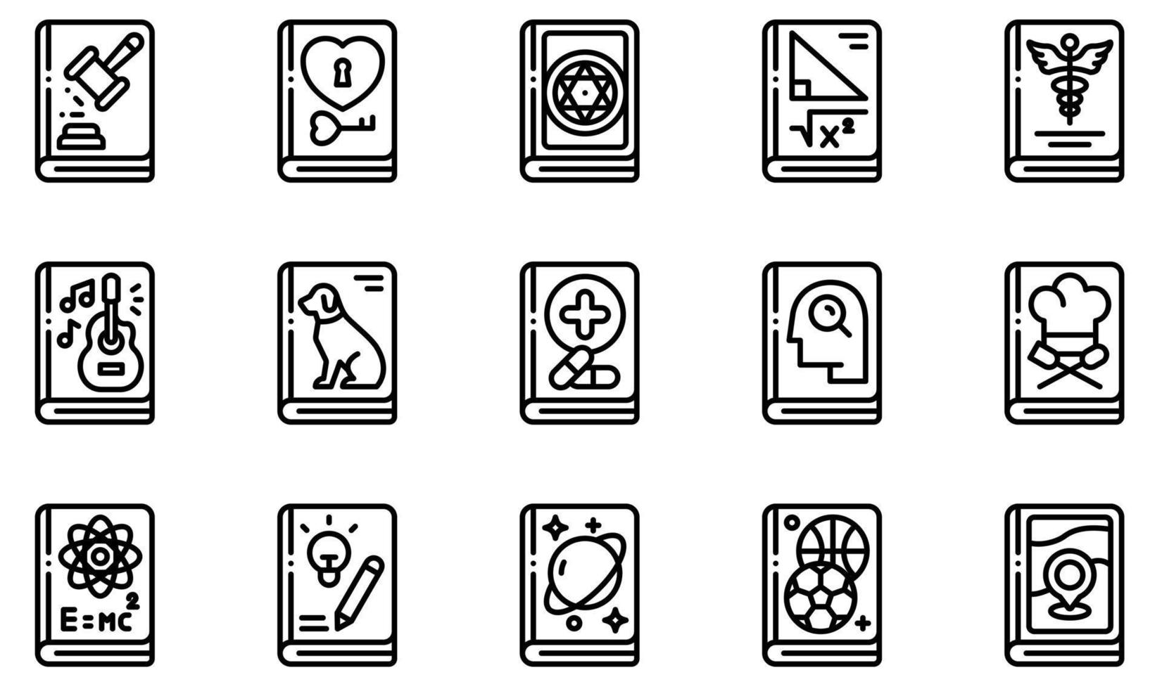 set di icone vettoriali relative ai libri. contiene icone come libro di legge, libro d'amore, libro magico, libro di matematica, libro di musica, libro di viaggio e altro ancora.