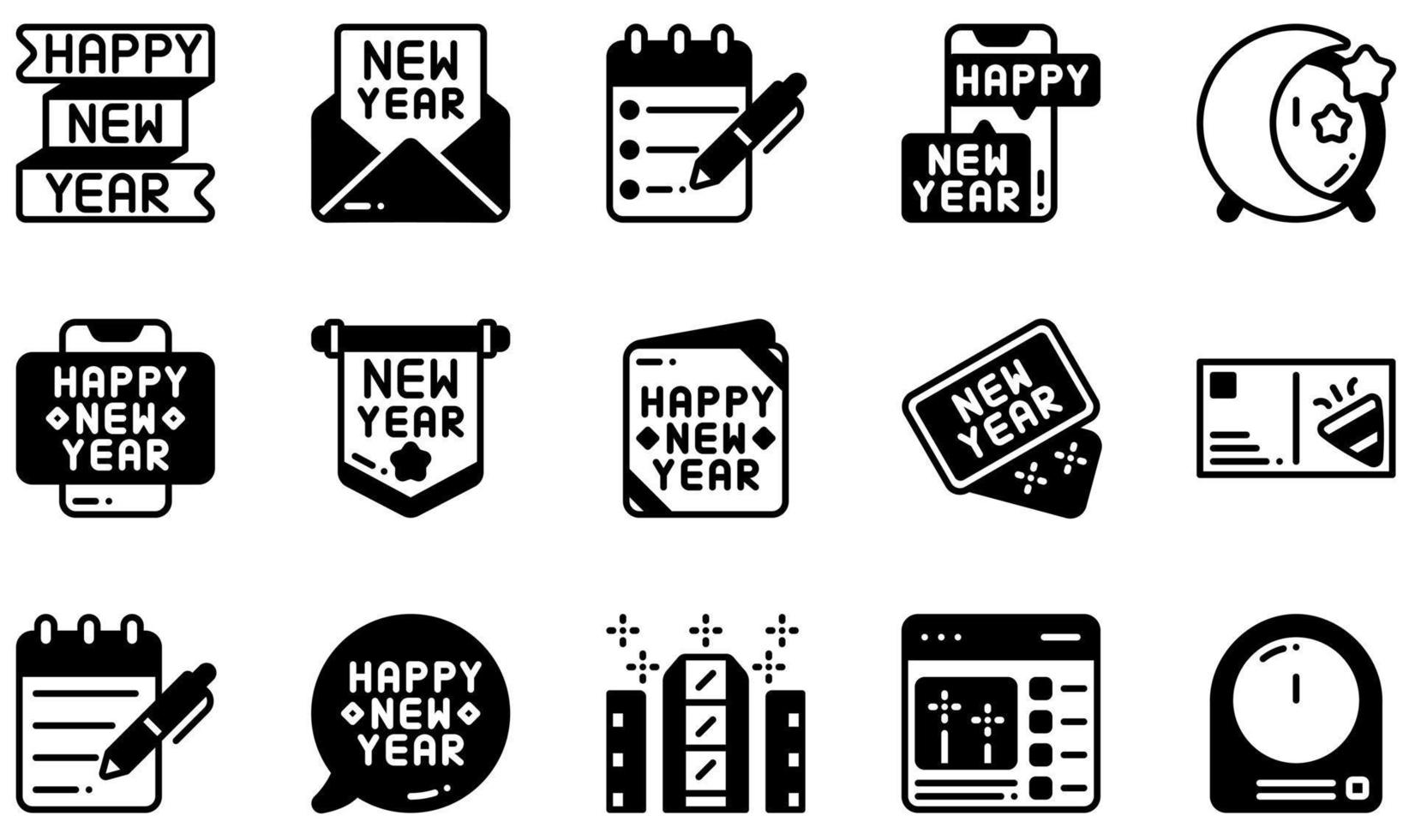 set di icone vettoriali relative al nuovo anno. contiene icone come felice anno nuovo, invito, elenco, nuovo anno, cartolina, Times Square e altro ancora.