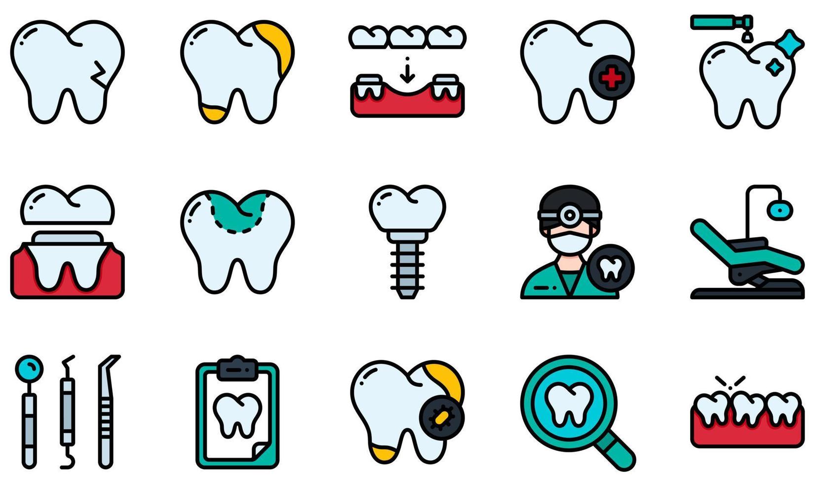set di icone vettoriali relative all'odontoiatria. contiene icone come dente rotto, carie, cure odontoiatriche, corona dentale, otturazione dentale, dentista e altro ancora.