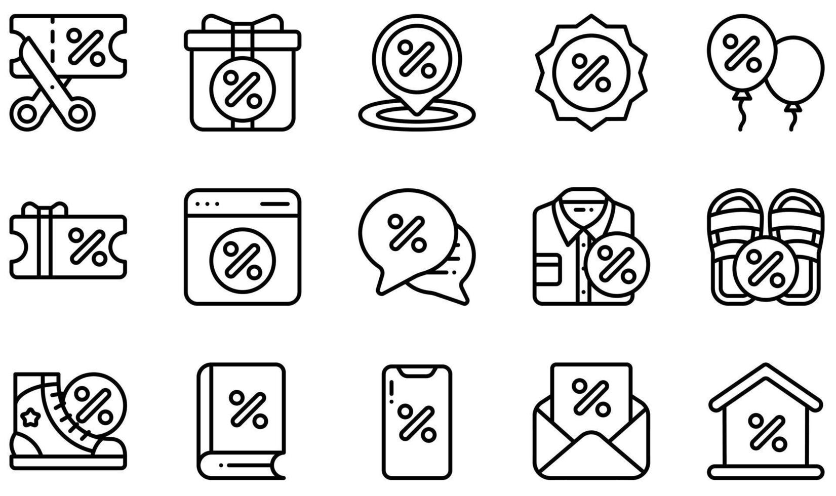 set di icone vettoriali relative allo sconto. contiene icone come forbici, regalo, saldi estivi, bolla di chat, sconto online, buono sconto e altro ancora.