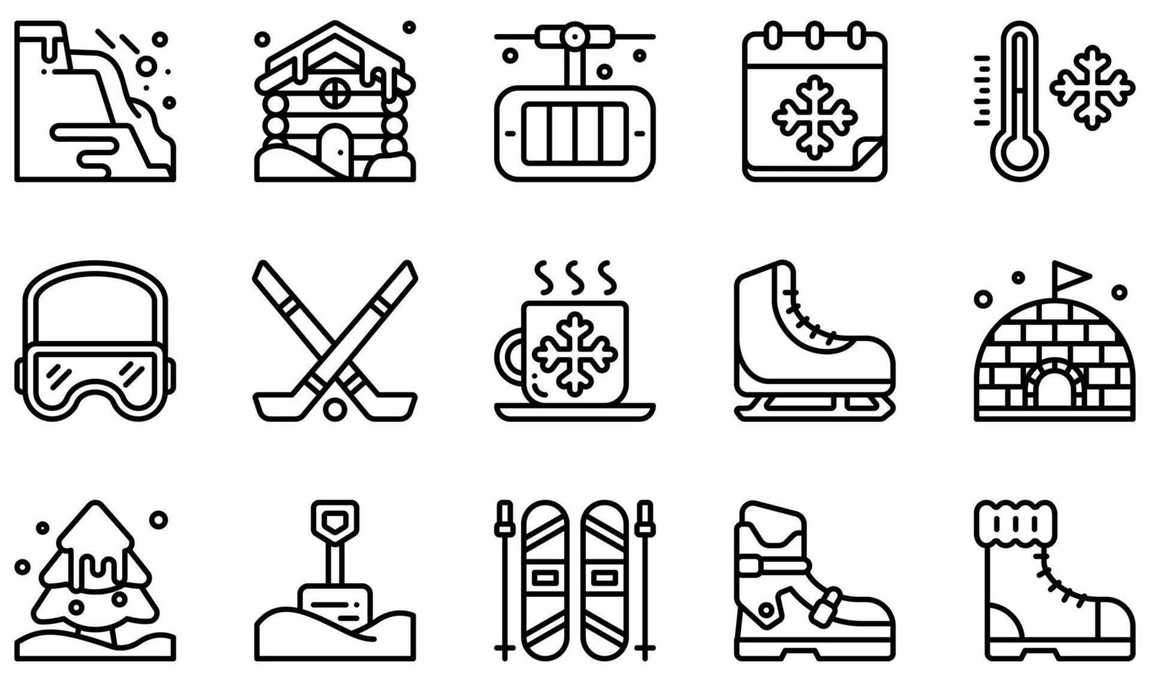 set di icone vettoriali relative all'inverno. contiene icone come valanga, cabina, hockey, pattinaggio su ghiaccio, igloo, sci e altro ancora.