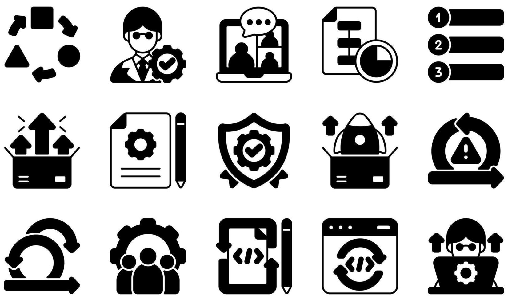 set di icone vettoriali relative all'agile. contiene icone come link, priorità, rilascio del prodotto, rischio, mischia, test e altro.