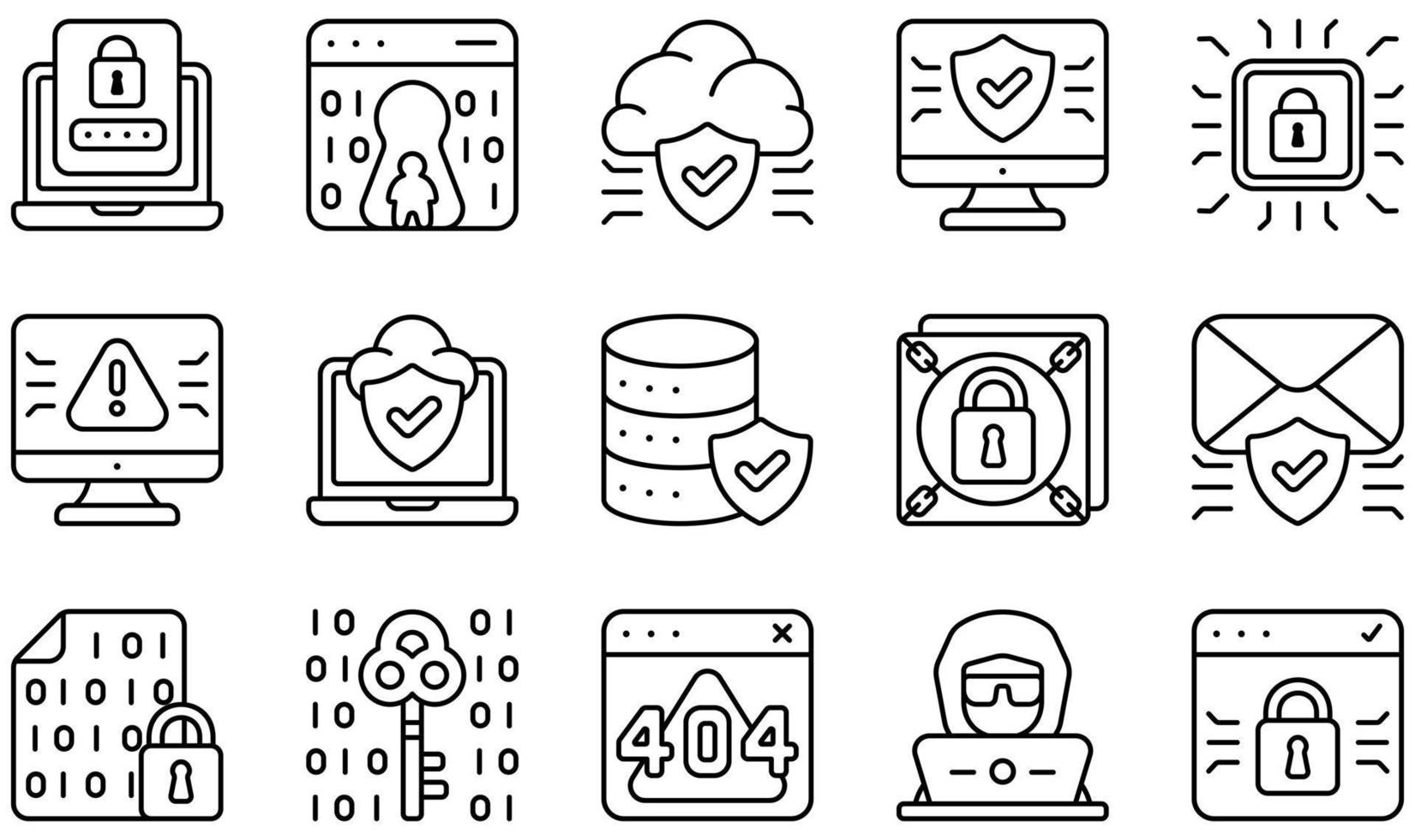 set di icone vettoriali relative alla sicurezza informatica. contiene icone come autenticazione, backdoor, cloud, computer, sicurezza informatica, criminalità informatica e altro ancora.