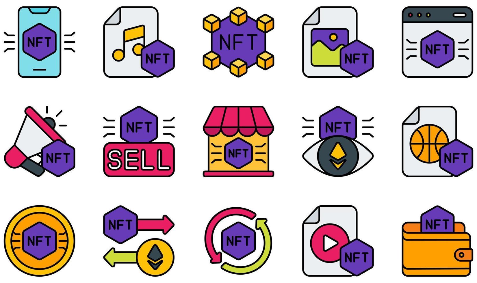 set di icone vettoriali relative a nft. contiene icone come musica, nft, foto, piattaforma, vendita, token e altro ancora.