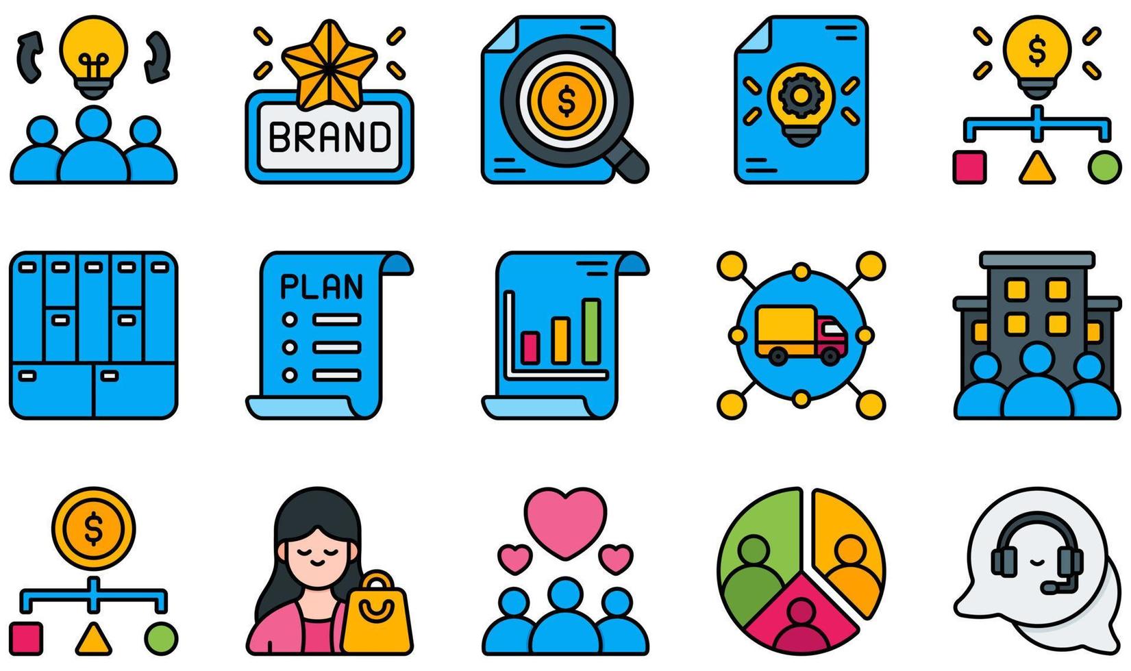 set di icone vettoriali relative al modello di business. contiene icone come marchio, analisi aziendale, idea imprenditoriale, piano aziendale, cliente, segmento di clientela e altro ancora.