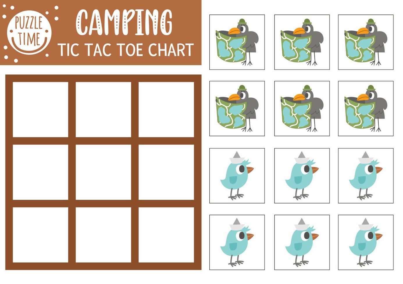 vettore foresta tic tac toe chart con uccelli carini. campo da gioco da tavolo nel bosco con animali con mappa. divertente foglio di lavoro stampabile per bambini. griglia di zeri e croci da campeggio