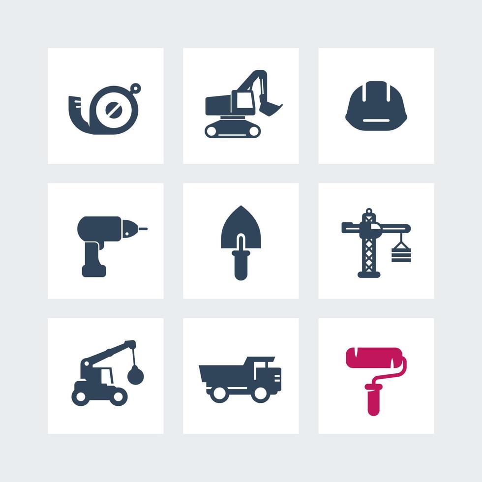 icone di costruzione impostate su bianco, trapano, rullo, escavatore, gru, metro a nastro, cazzuola vettore