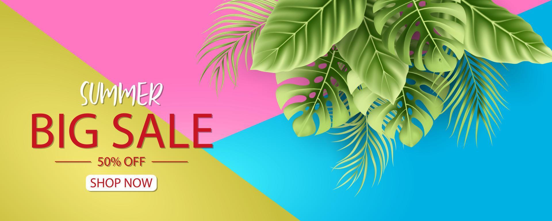 banner di vendita estiva con sfondo di foglie tropicali vettore