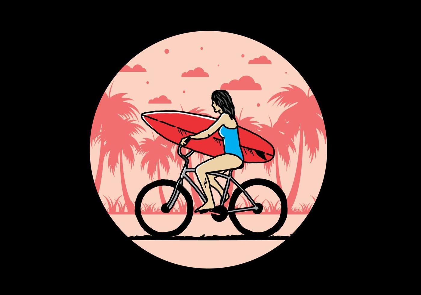 illustrazione di una donna che va a fare surf in bicicletta vettore