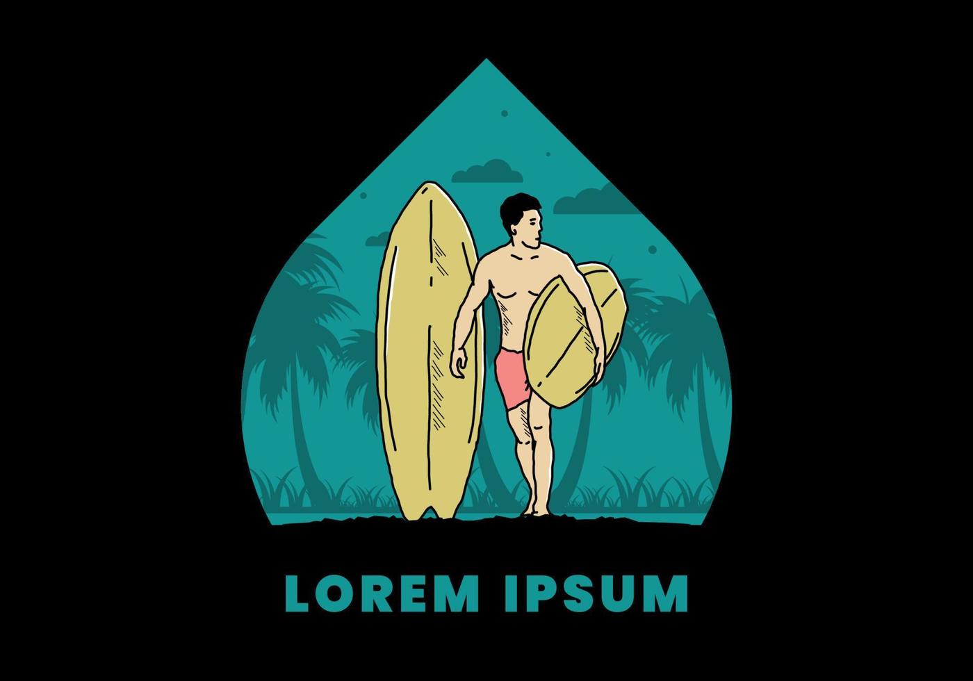 l'uomo a torso nudo che tiene l'illustrazione della tavola da surf vettore