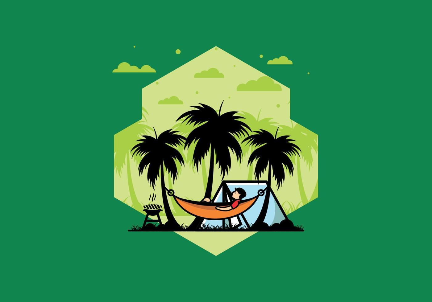 tenda e amaca con illustrazione di alberi di cocco vettore