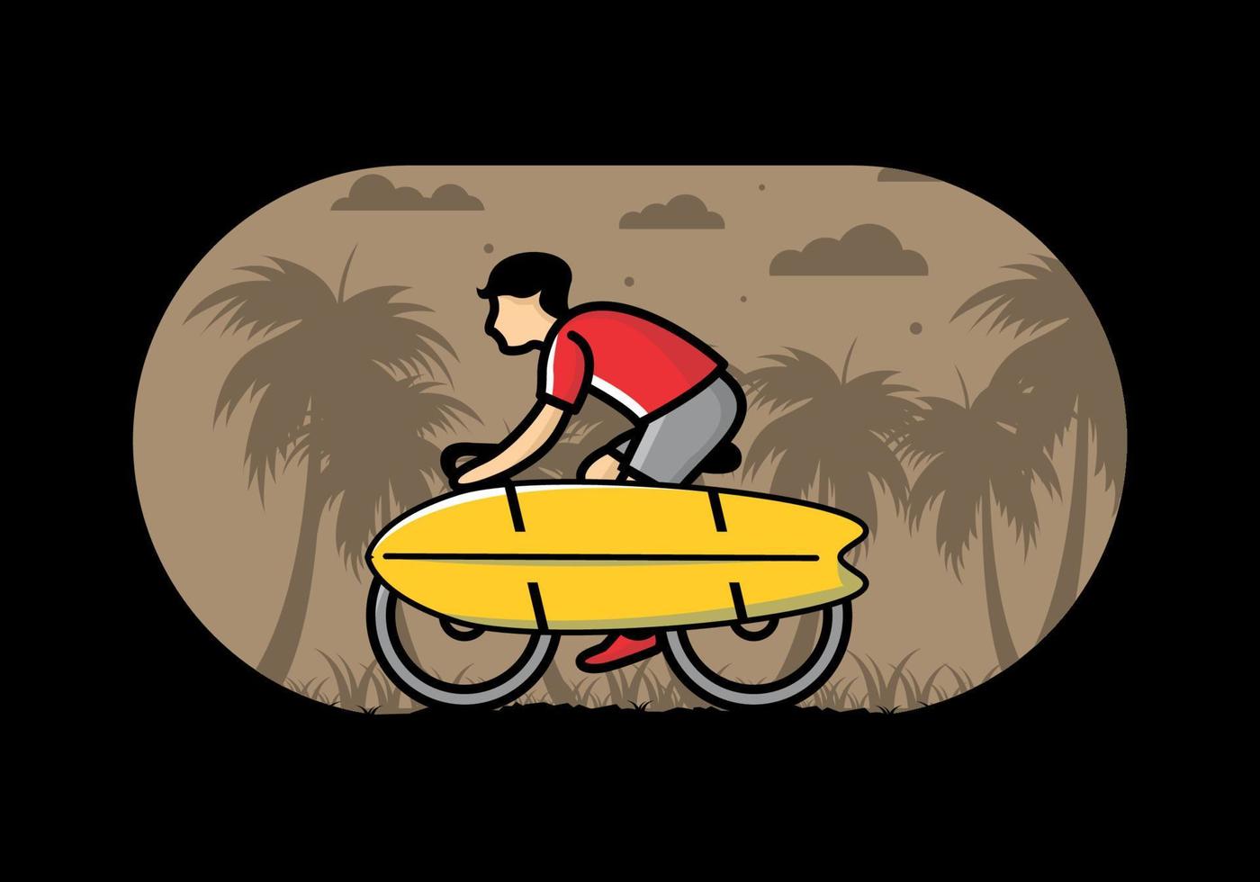 andare in bicicletta con un'illustrazione di una tavola da surf vettore