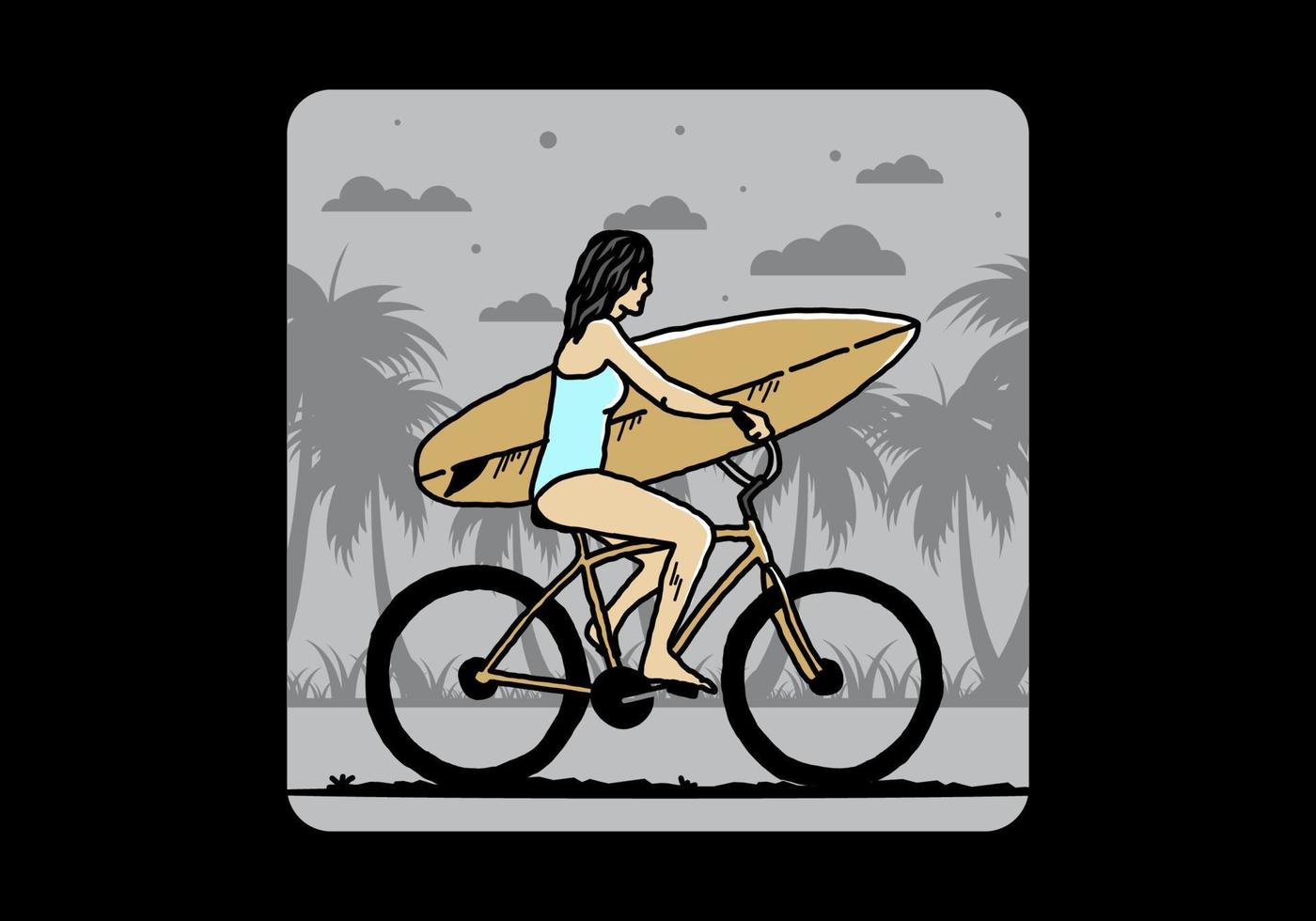 illustrazione di una donna che va a fare surf in bicicletta vettore