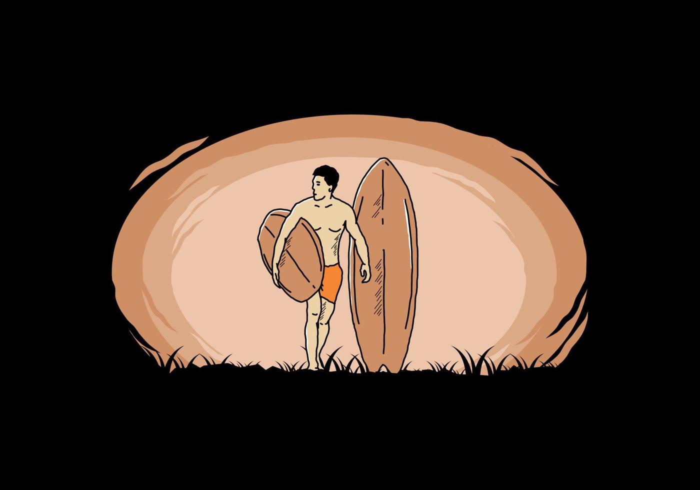 l'uomo a torso nudo che tiene l'illustrazione della tavola da surf vettore