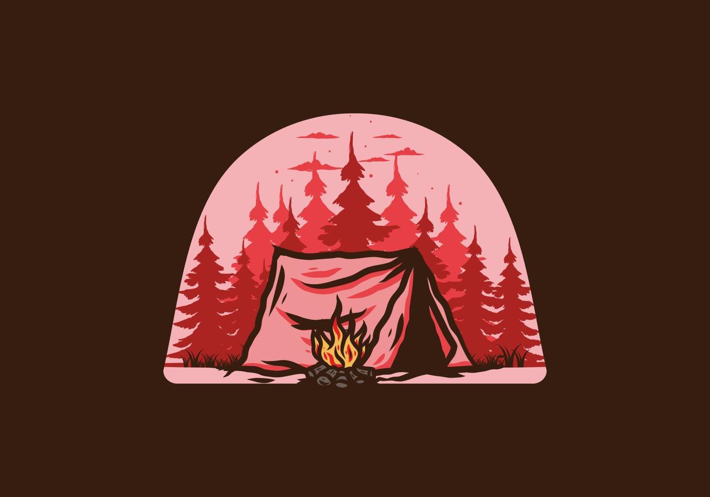 campeggio nella foresta con il distintivo dell'illustrazione del falò vettore