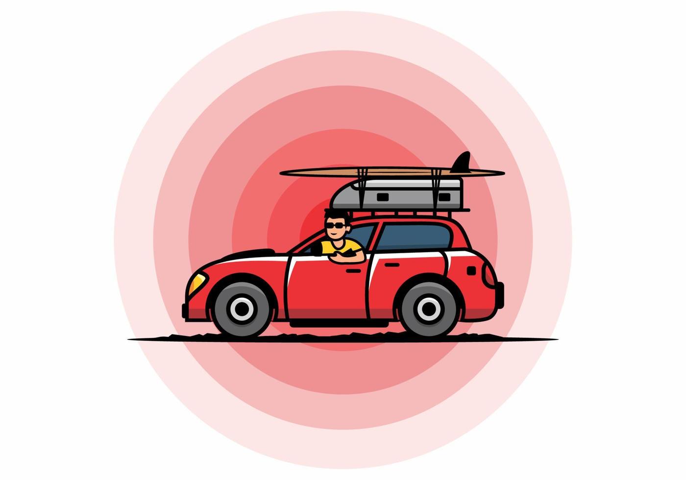 illustrazione di un uomo che guida un'auto per le vacanze vettore