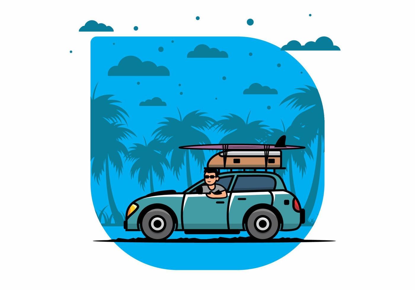 illustrazione di un uomo che guida un'auto per le vacanze vettore