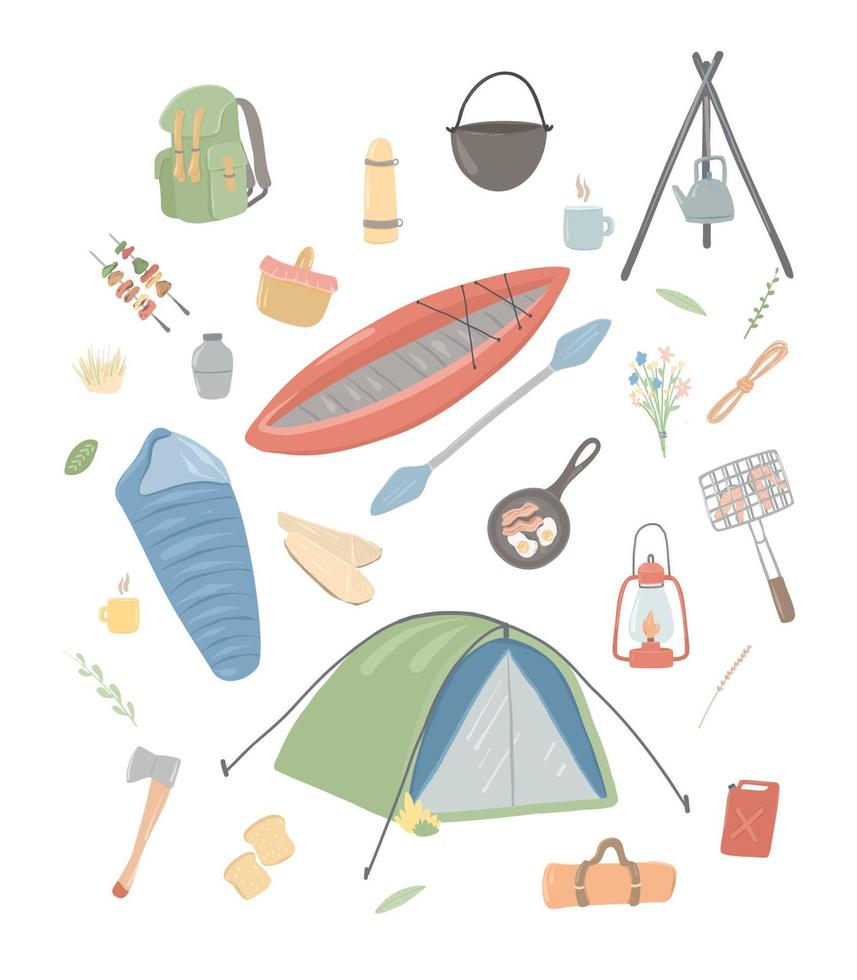 set da campeggio. attrezzature per viaggi, escursioni e vacanze attive. grande set di simpatici elementi doodle della campagna e del tema dell'escursionismo. vettore