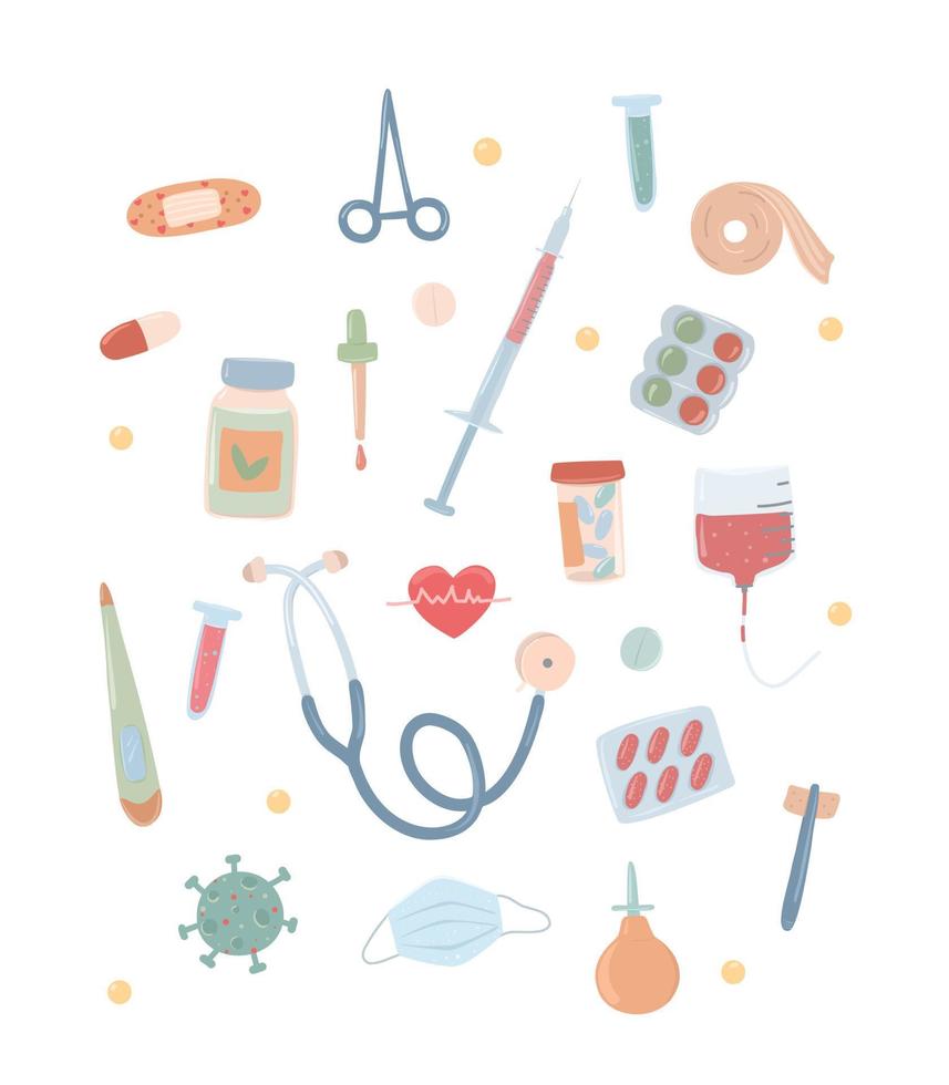 set di elementi a tema medico e articoli sanitari attrezzature per ospedali e ambulanze vettore