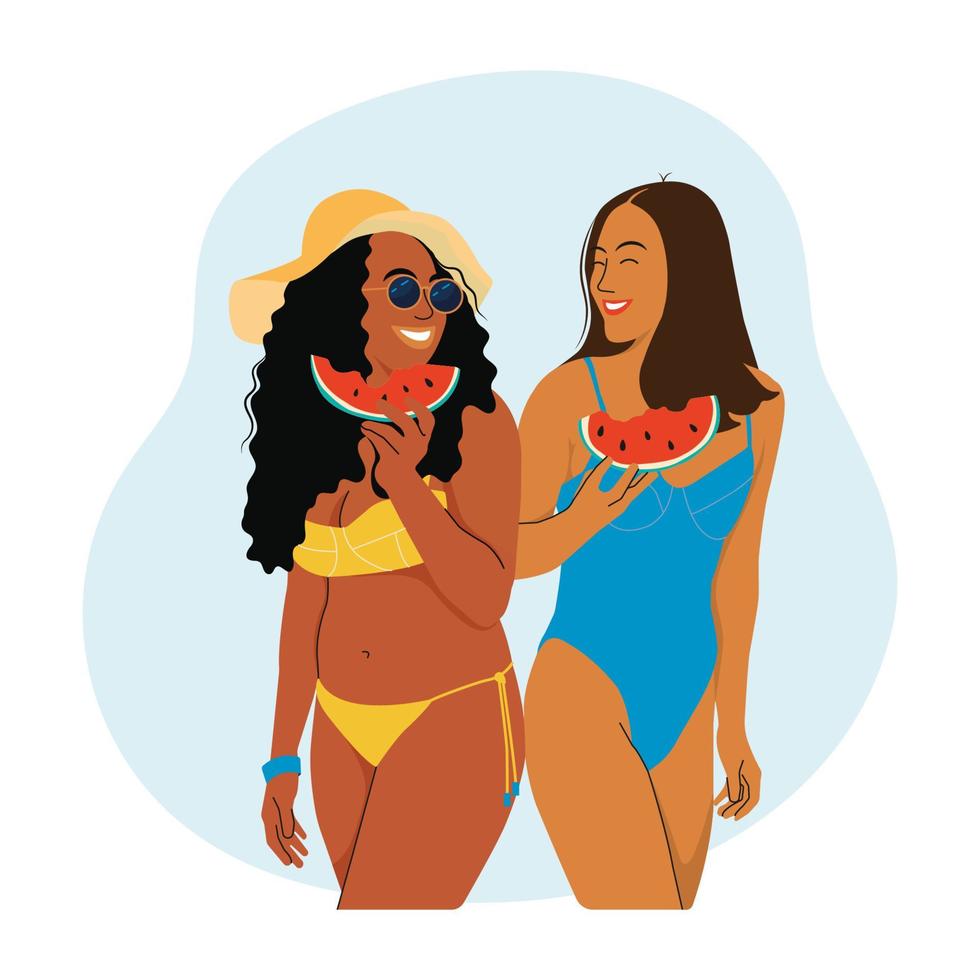 donne che si rilassano in spiaggia. cibo dieta sana e concetto di amicizia. le ragazze durante le attività ricreative estive mangiano l'anguria. illustrazione vettoriale piatta.