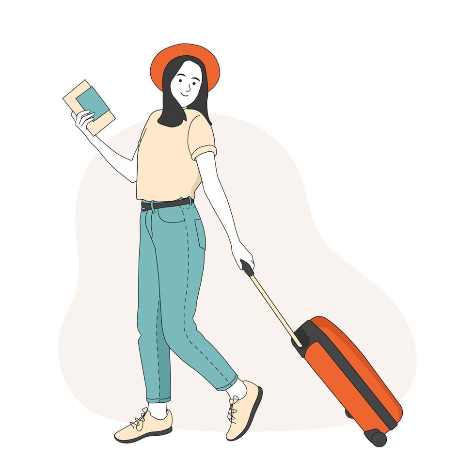 ragazza viaggiatrice. concetto di viaggio. ragazza con una valigia e un passaporto con i biglietti della carta d'imbarco. disegnato a mano in stile linea sottile, illustrazione vettoriale. vettore