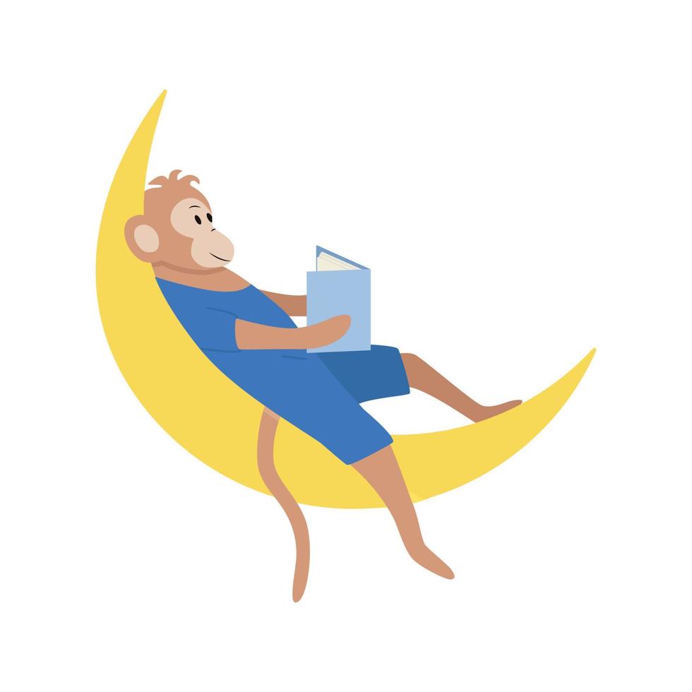 una scimmia cartone animato si siede sulla luna e legge un libro. concetto buona notte, una favola della buonanotte. illustrazione vettoriale