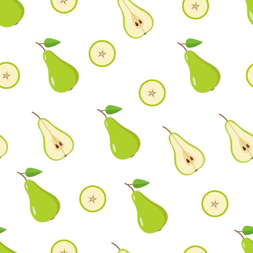 la pera verde senza cuciture è intera, metà e una fetta di pera su uno sfondo bianco. illustrazione vettoriale di pere di frutta succosa matura