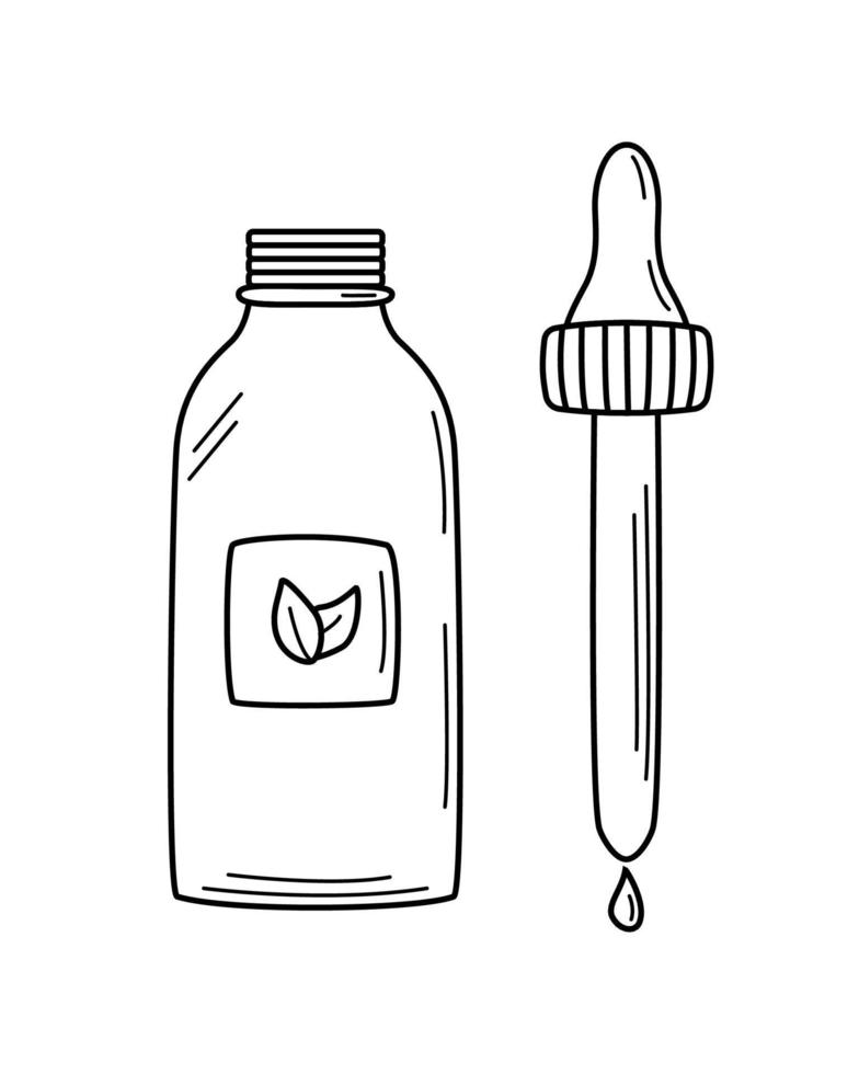 olio cosmetico in bottiglia, olio per massaggi o sauna. illustrazione di doodle di vettore. vettore