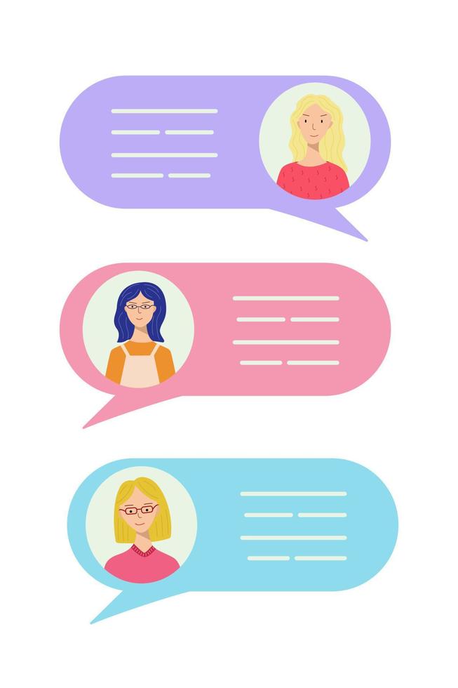 avatar tre amiche in fumetti. concetto di chat, messaggio, comunicazione web, messenger. illustrazione vettoriale di una conversazione online,