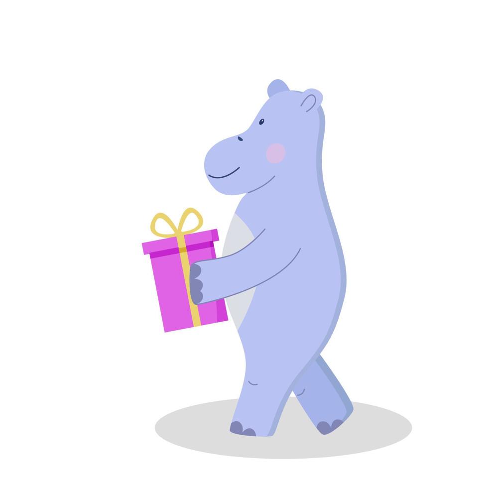 simpatico personaggio di ippopotamo cartone animato con confezione regalo nelle sue mani. illustrazione vettoriale isolata su bianco. concetto di festa di compleanno, una vacanza per i bambini