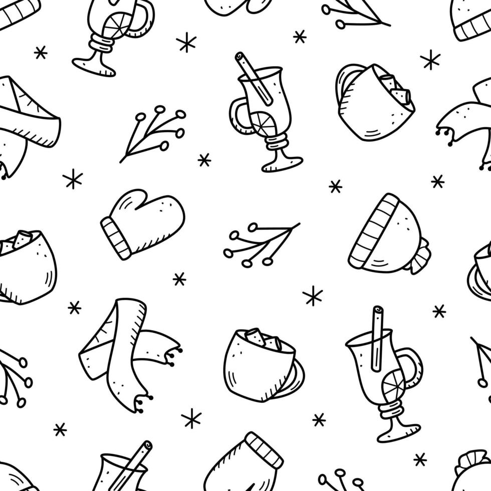 elementi del modello doodle senza cuciture di elementi natalizi cioccolata calda, vin brulè, vestiti caldi invernali, sciarpa e cappello, guanti vettore