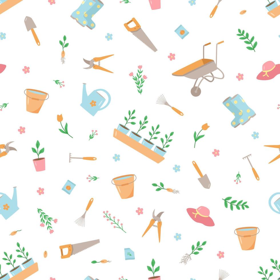 attrezzi e piante da giardino senza cuciture, una serie di illustrazioni di doodle vettoriali. concetto di giardinaggio, un hobby estivo vettore