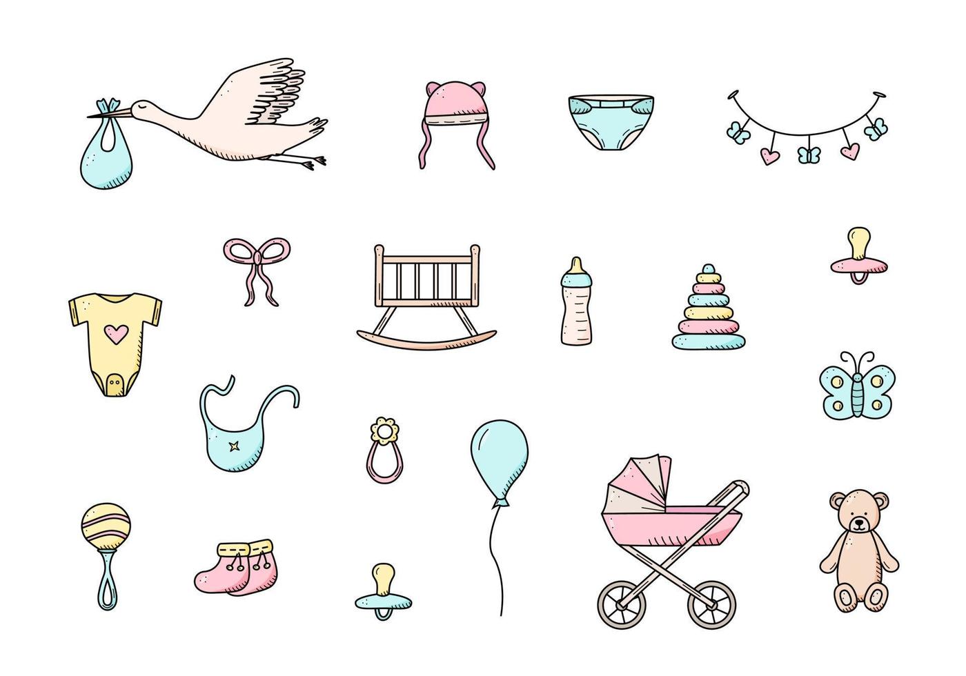 set di icone neonato. illustrazione vettoriale di elementi per un bambino piccolo. passeggino, baby lavoro, sonagli e orsacchiotto e molto altro ancora