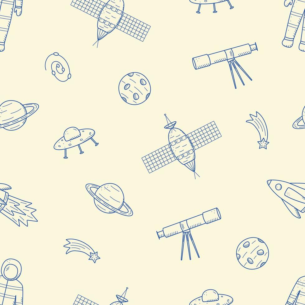 cosmo doodle è un insieme di illustrazioni vettoriali. icone senza cuciture di elementi spaziali razzo cosmonauta stelle telescopio satellitare cometa vettore