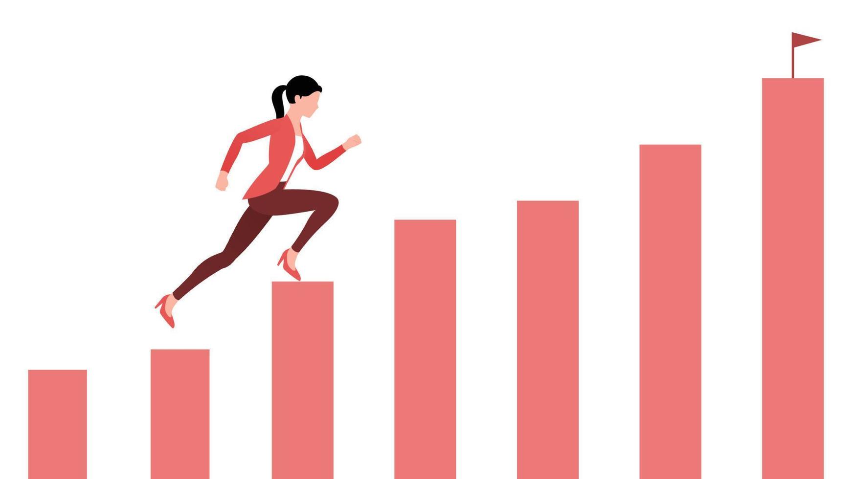 donna che corre su una barra del grafico verso il successo, illustrazione vettoriale del carattere aziendale su sfondo bianco.